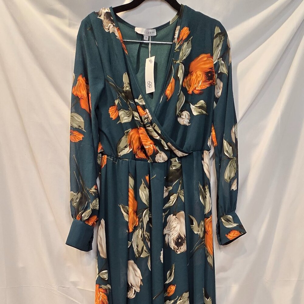 NWT Baltic Born Dress Green Floral Maxi Size Small Tie Belt Lined